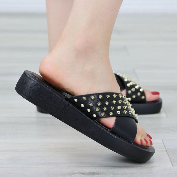 Black Sliders Slip On Sandals Faux Leather Gold Metal Stud Criss Cross - Picture 5 of 12